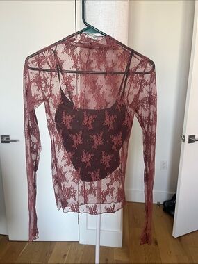 Pink Free people Sheer Lace Long-Sleeve Tope with Tank - Burgundy